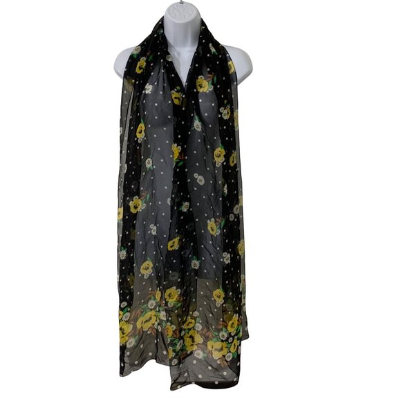 Pure Silk Daisey Poppy Floral Polka Dot Long Sheer Rectangle Scarf - Picture 2 of 4